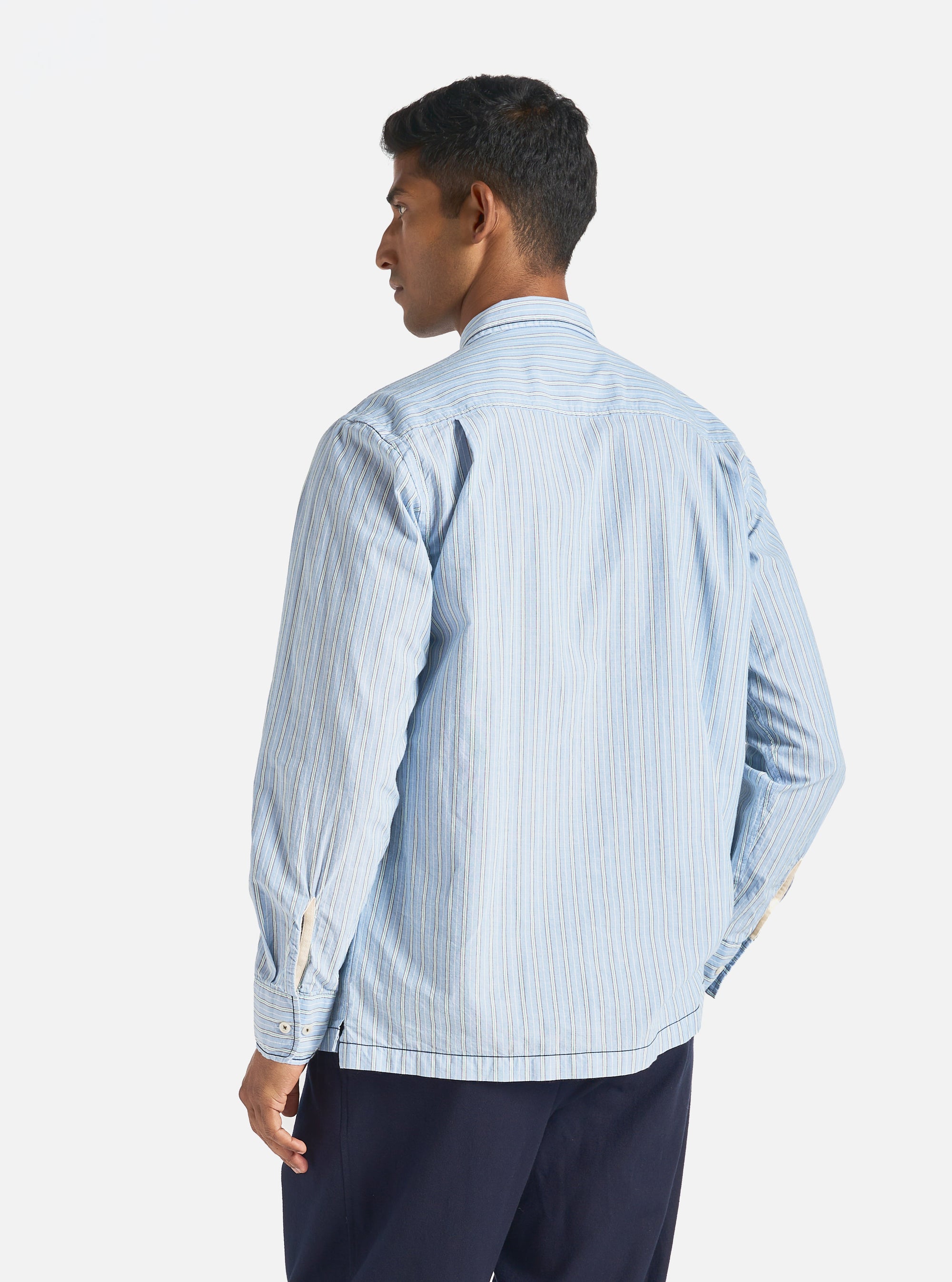 Universal Works Embroidered L/S Utility Shirt in Blue Chelsea Cotton Stripe