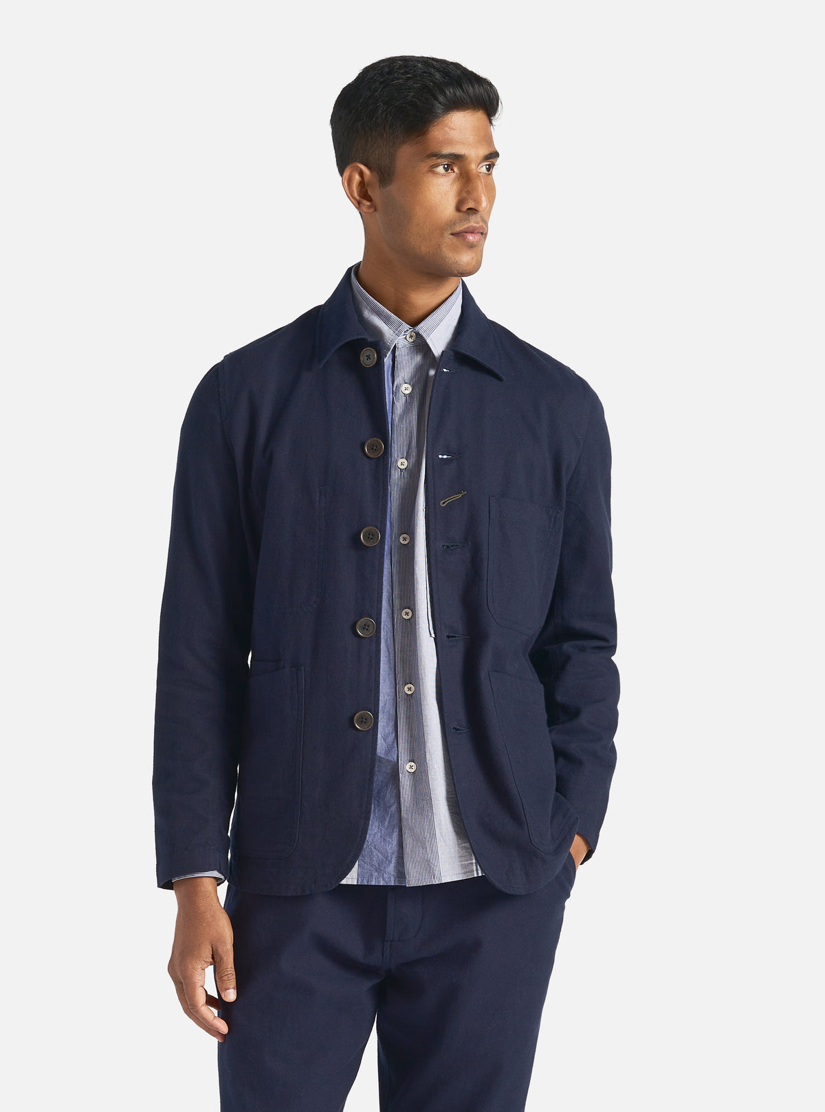 Universal Works Bakers Jacket in Navy Brushed Moleskin