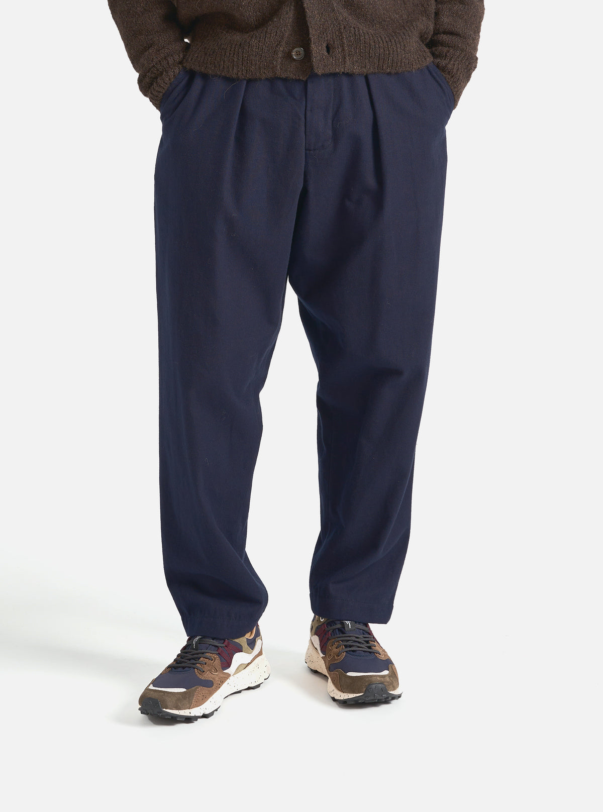 Universal Works Pleated Track Pant in Navy Brushed Moleskin