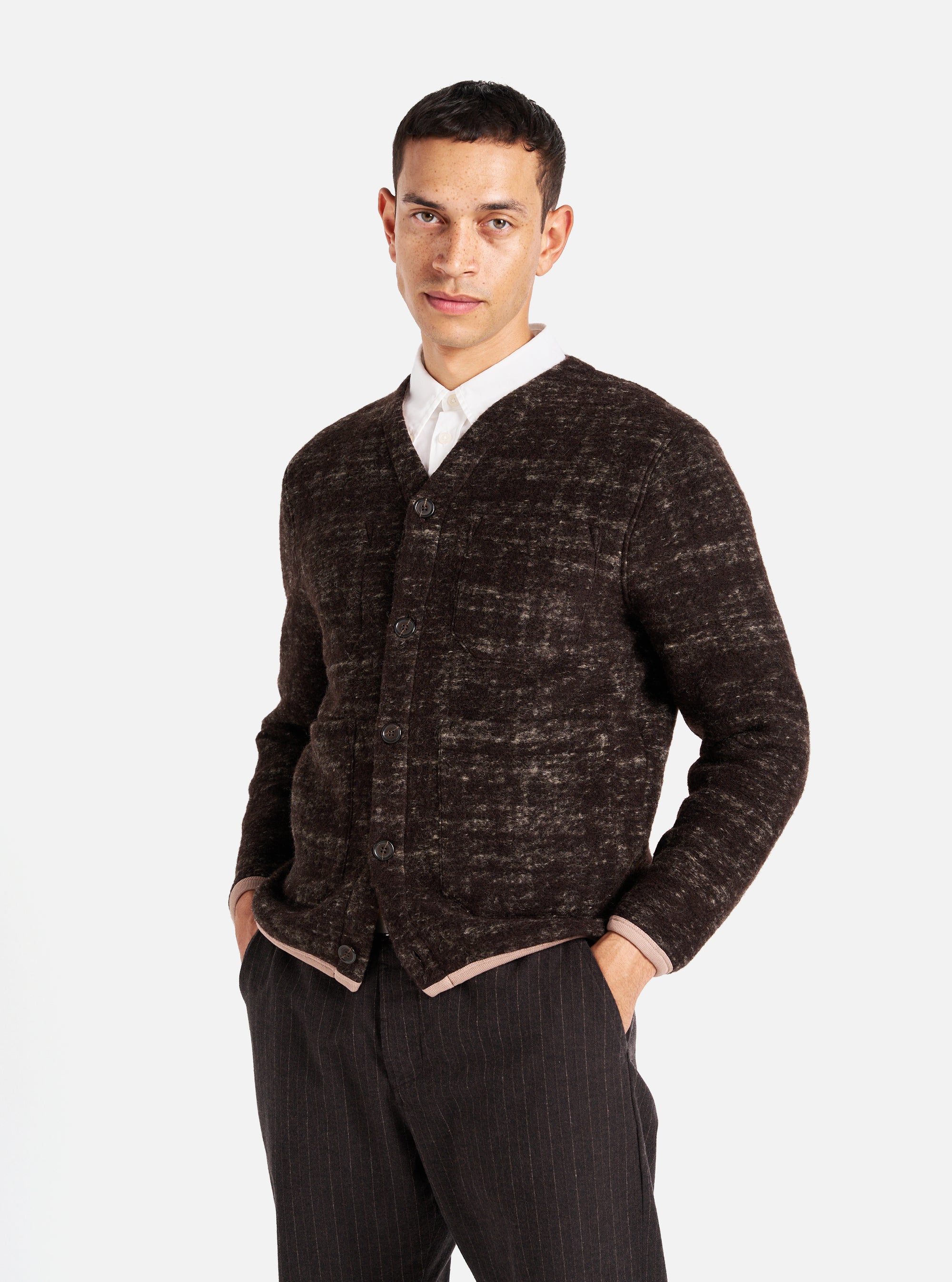 Universal Works Cardigan in Brown Marble Fleece