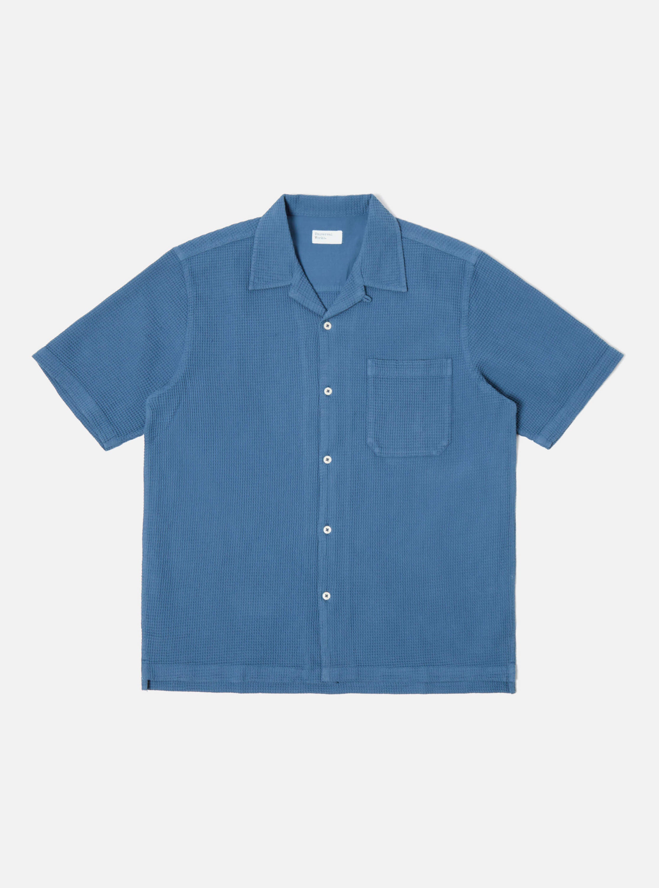 Universal Works Camp Shirt in Faded Blue Japanese Waffle