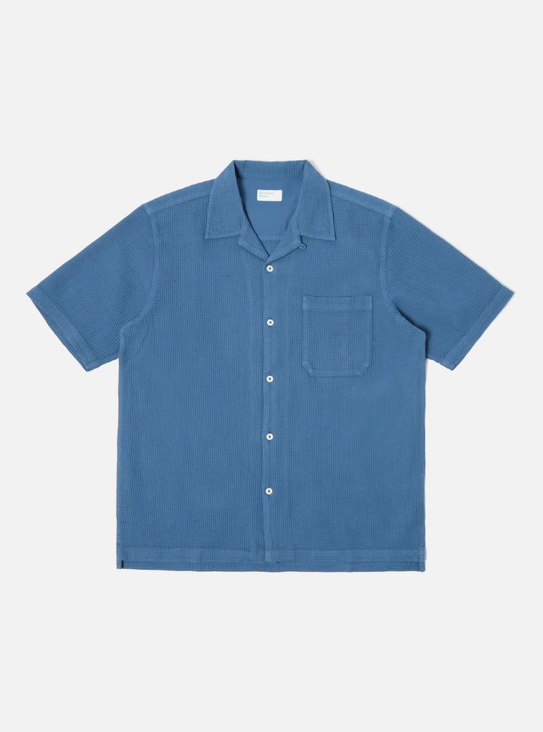 Universal Works Camp Shirt in Faded Blue Japanese Waffle