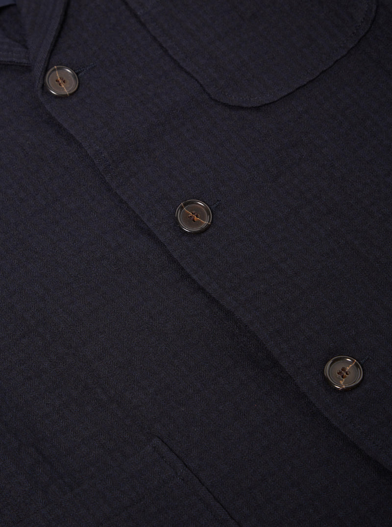 Universal Works Three Button Jacket in Navy Wool Cotton Check Seersucker