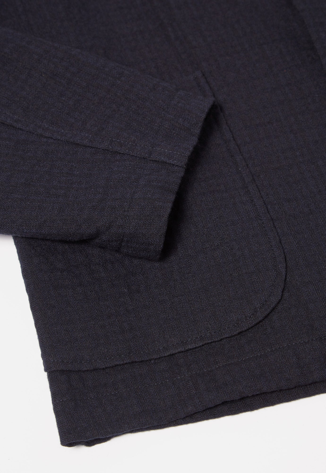 Universal Works Three Button Jacket in Navy Wool Cotton Check Seersucker