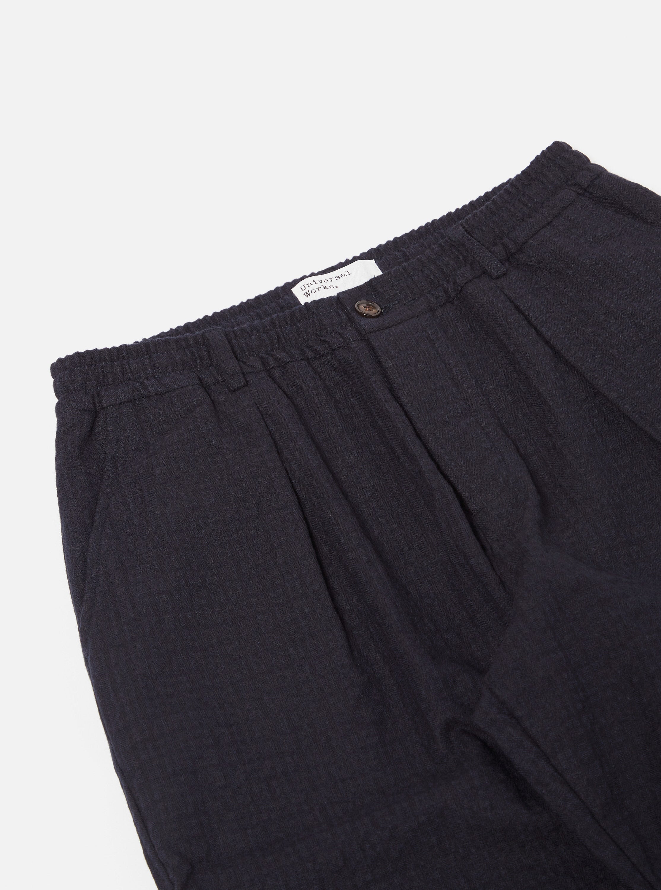 Universal Works Pleated Track Pant in Navy Wool/Cotton Check Seersucker