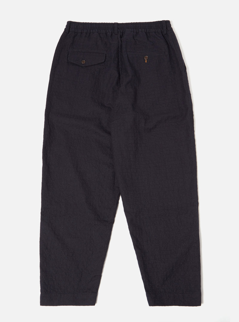 Universal Works Pleated Track Pant in Navy Wool/Cotton Check Seersucke