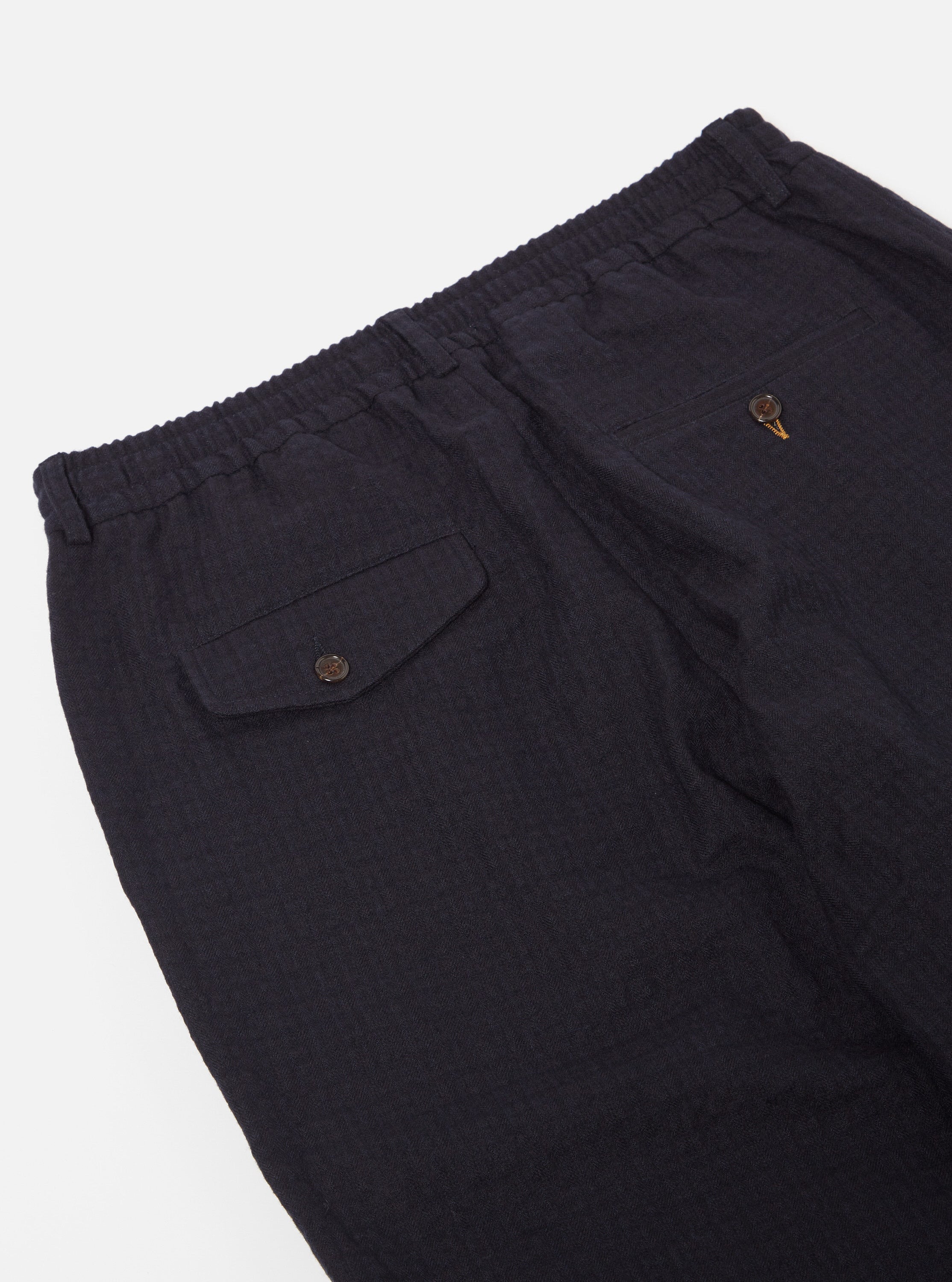 Universal Works Pleated Track Pant in Navy Wool/Cotton Check Seersucker
