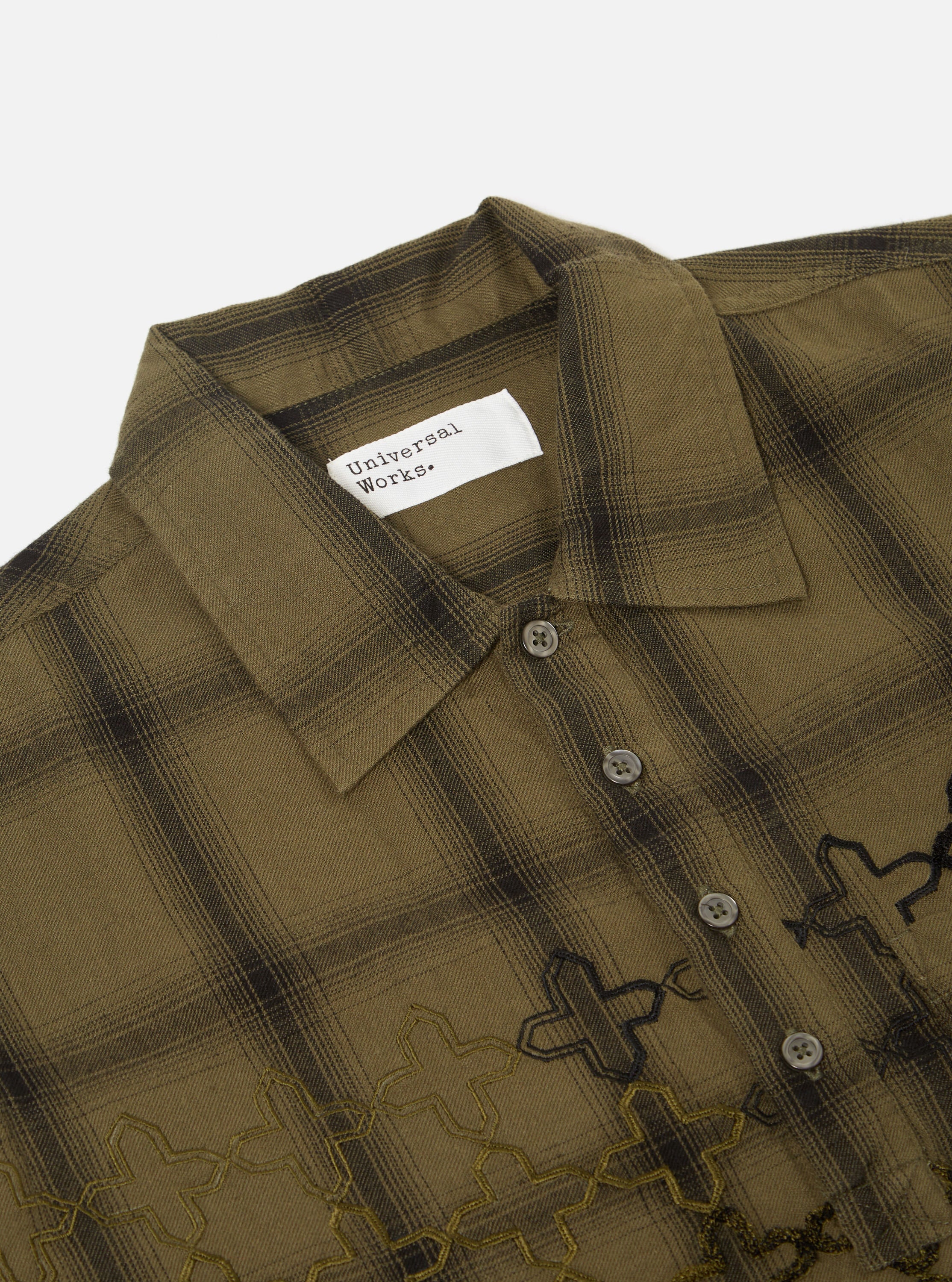 Universal Works LS Pullover Shirt in Olive Embroided Shadow Check