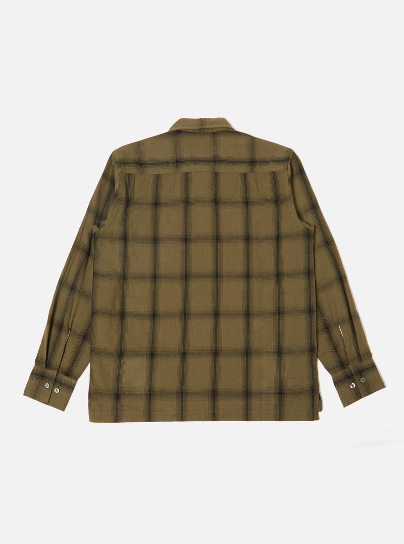 Universal Works LS Pullover Shirt in Olive Embroided Shadow Check