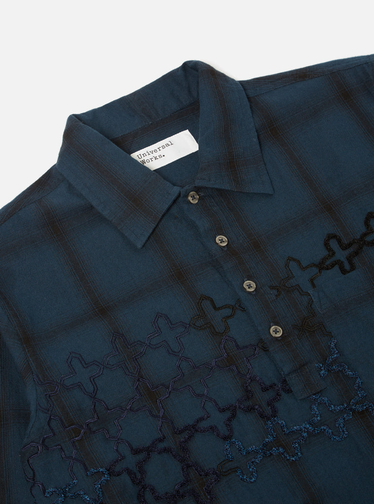 Universal Works LS Pullover Shirt in Navy Embroided Shadow Check