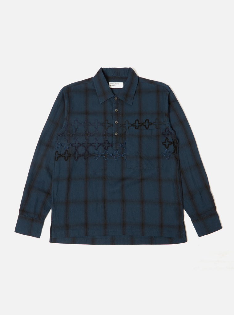 Universal Works LS Pullover Shirt in Navy Embroided Shadow Check