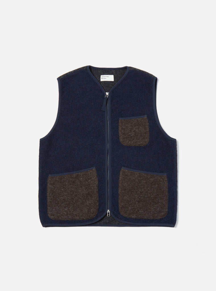 Universal Works Mixed Zip Gilet in Mixed Navy Wool Fleece