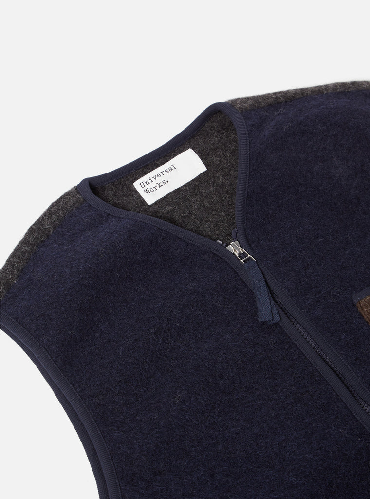 Universal Works Mixed Zip Gilet in Mixed Navy Wool Fleece