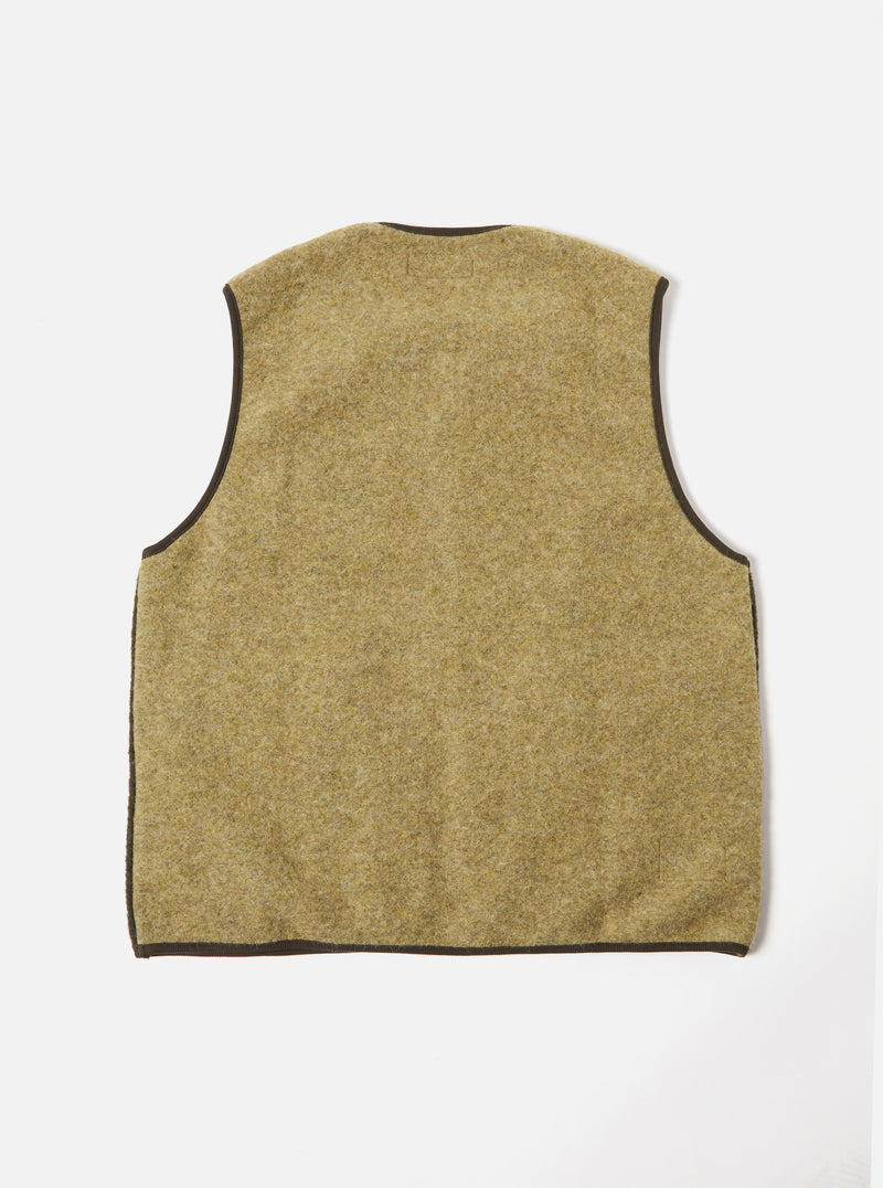 Universal Works Mixed Zip Gilet in Mixed Olive Wool Fleece