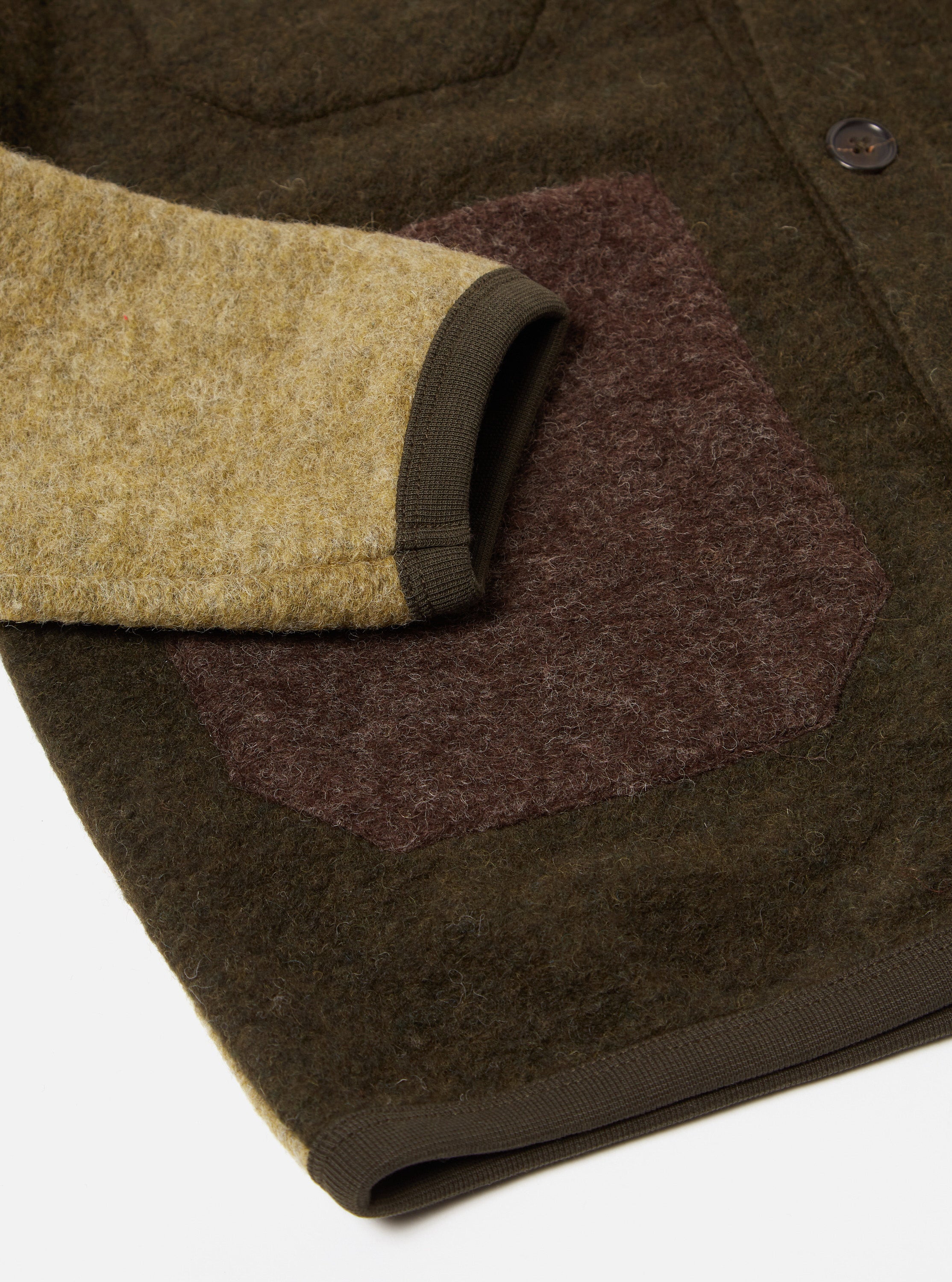 Universal Works Mixed Cardigan in Mixed Olive Wool Fleece