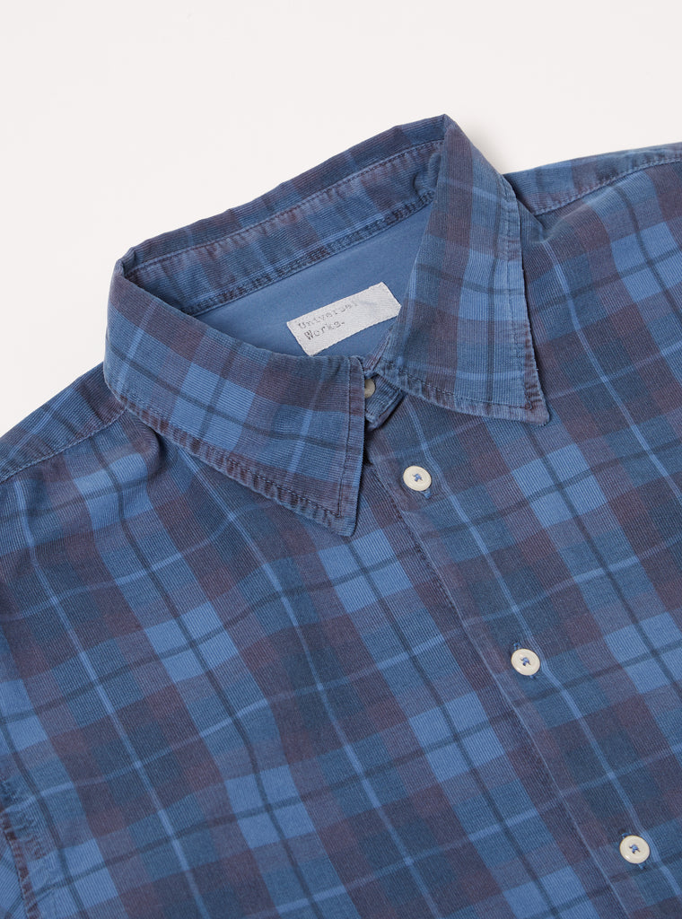 Universal Works Square Pocket Shirt in Blue Check Cord