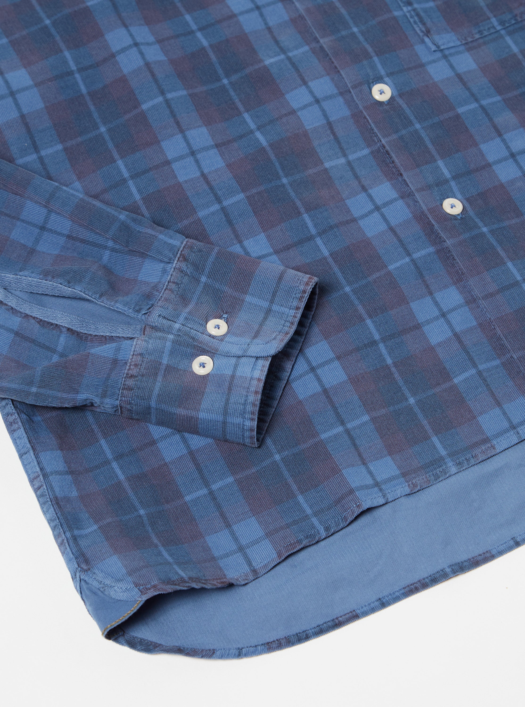 Universal Works Square Pocket Shirt in Blue Check Cord