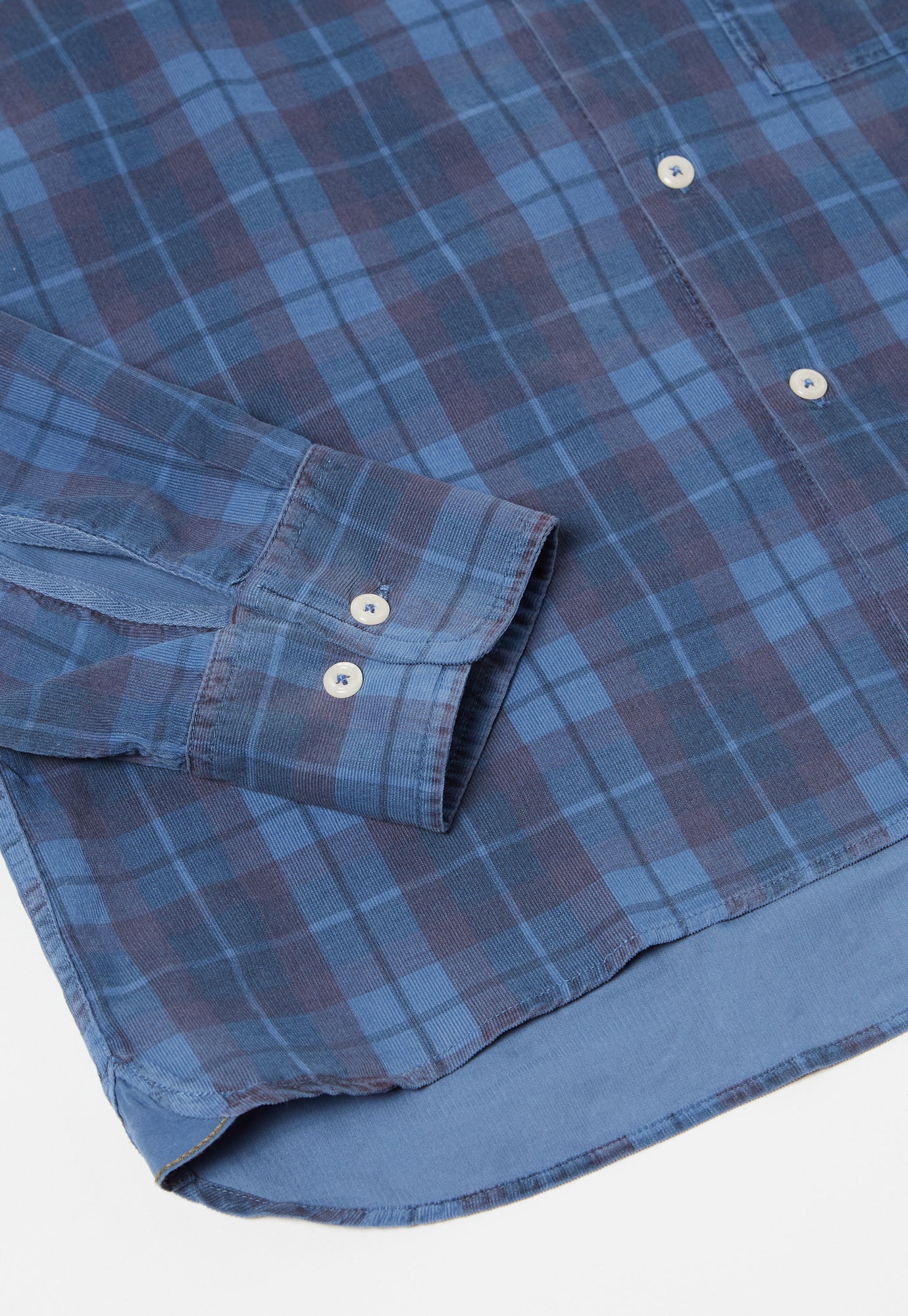 Universal Works Square Pocket Shirt in Blue Check Cord
