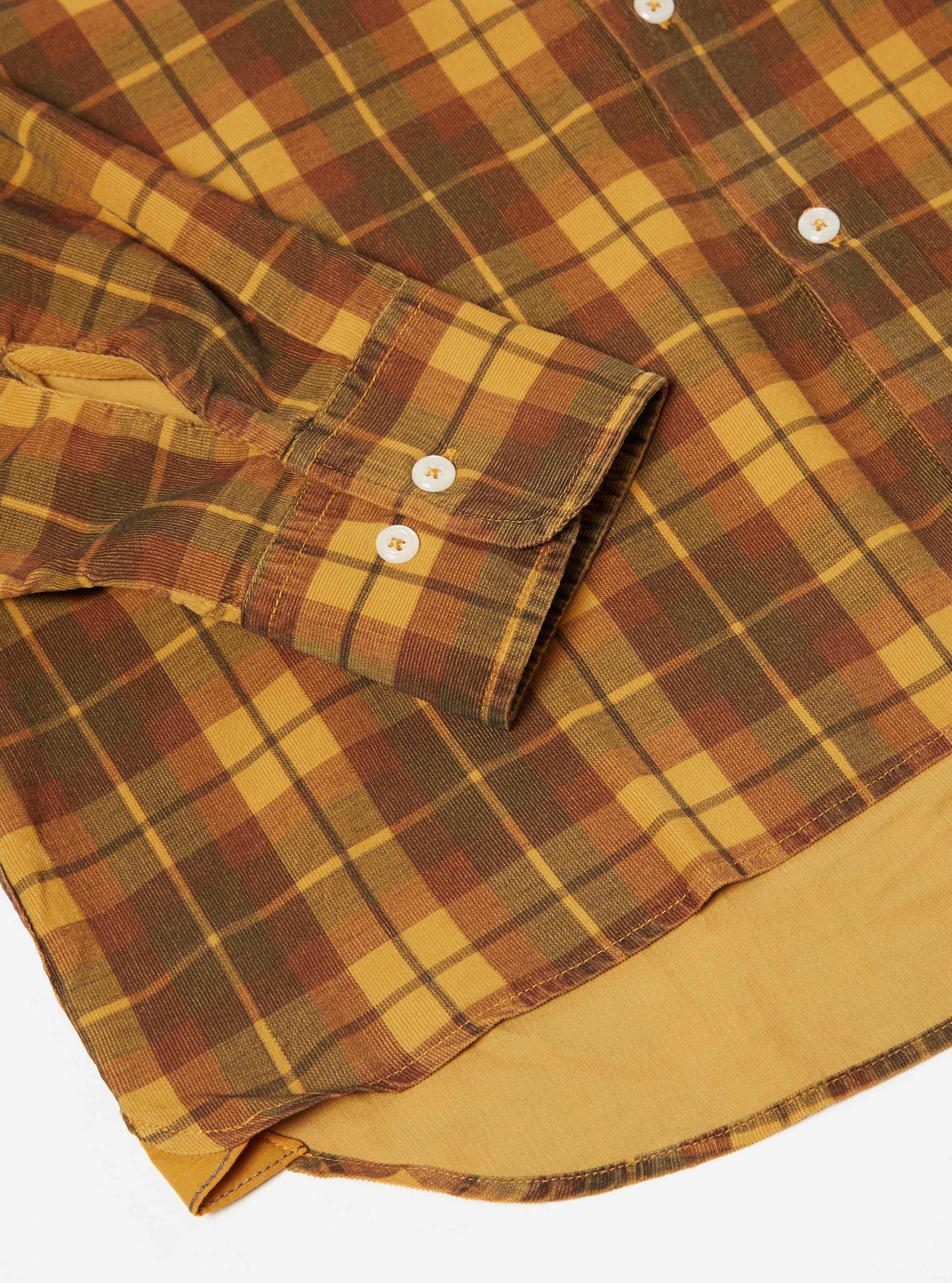 Universal Works Square Pocket Shirt in Mustard Check Cord