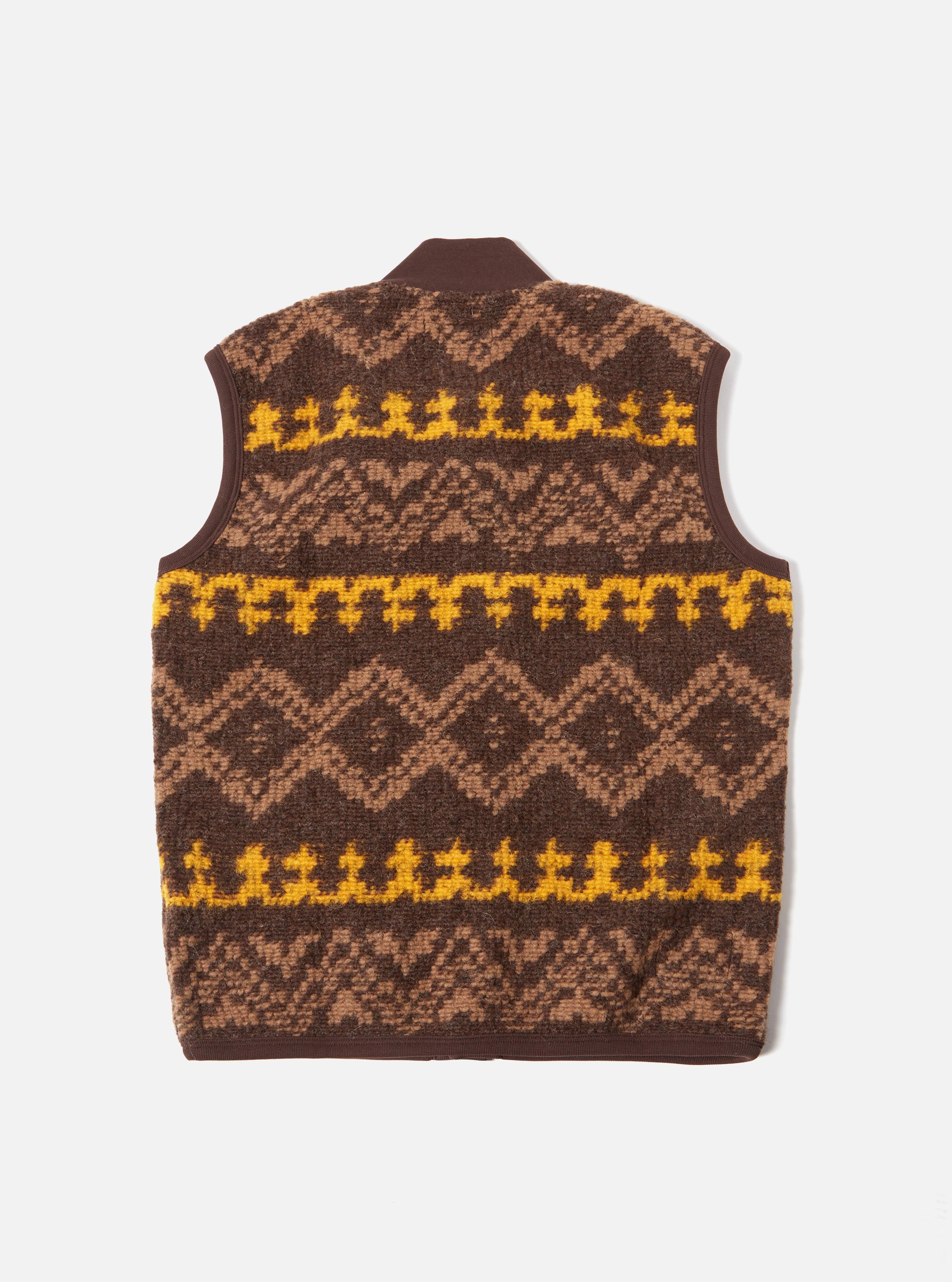 Universal Works Button Front Gilet in Brown Moroccan Rug Fleece