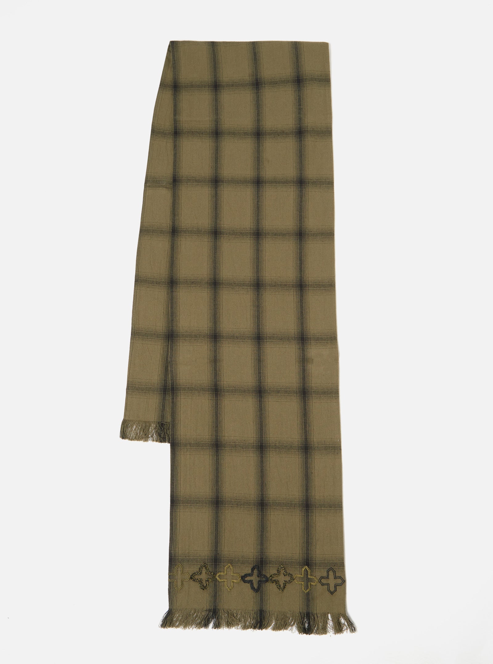 Universal Works Border Scarf in Olive Shadow Check