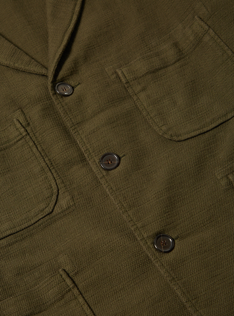Universal Works Five Pocket Jacket in Olive Chevron Cotton