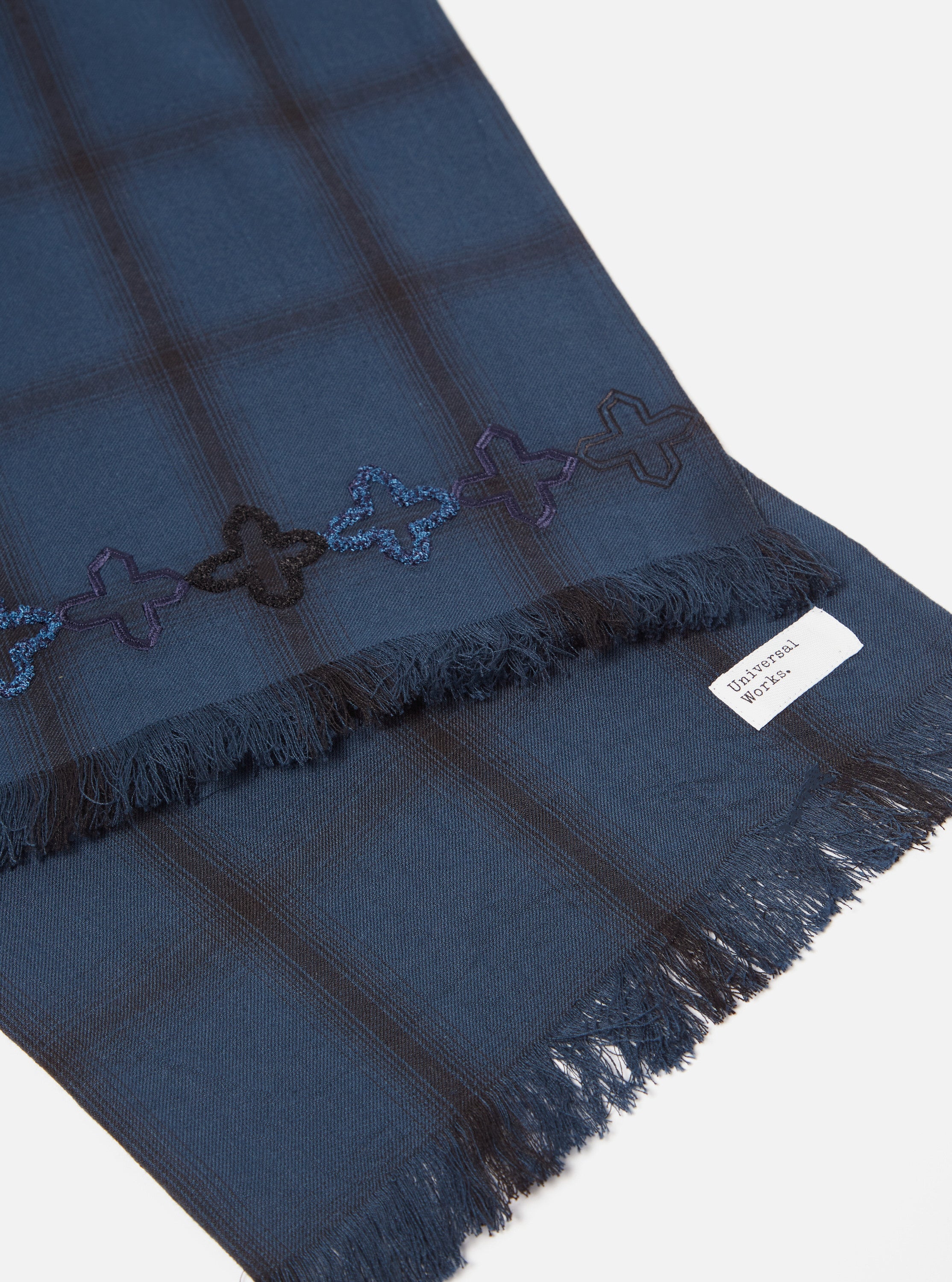 Universal Works Border Scarf in Navy Shadow Check