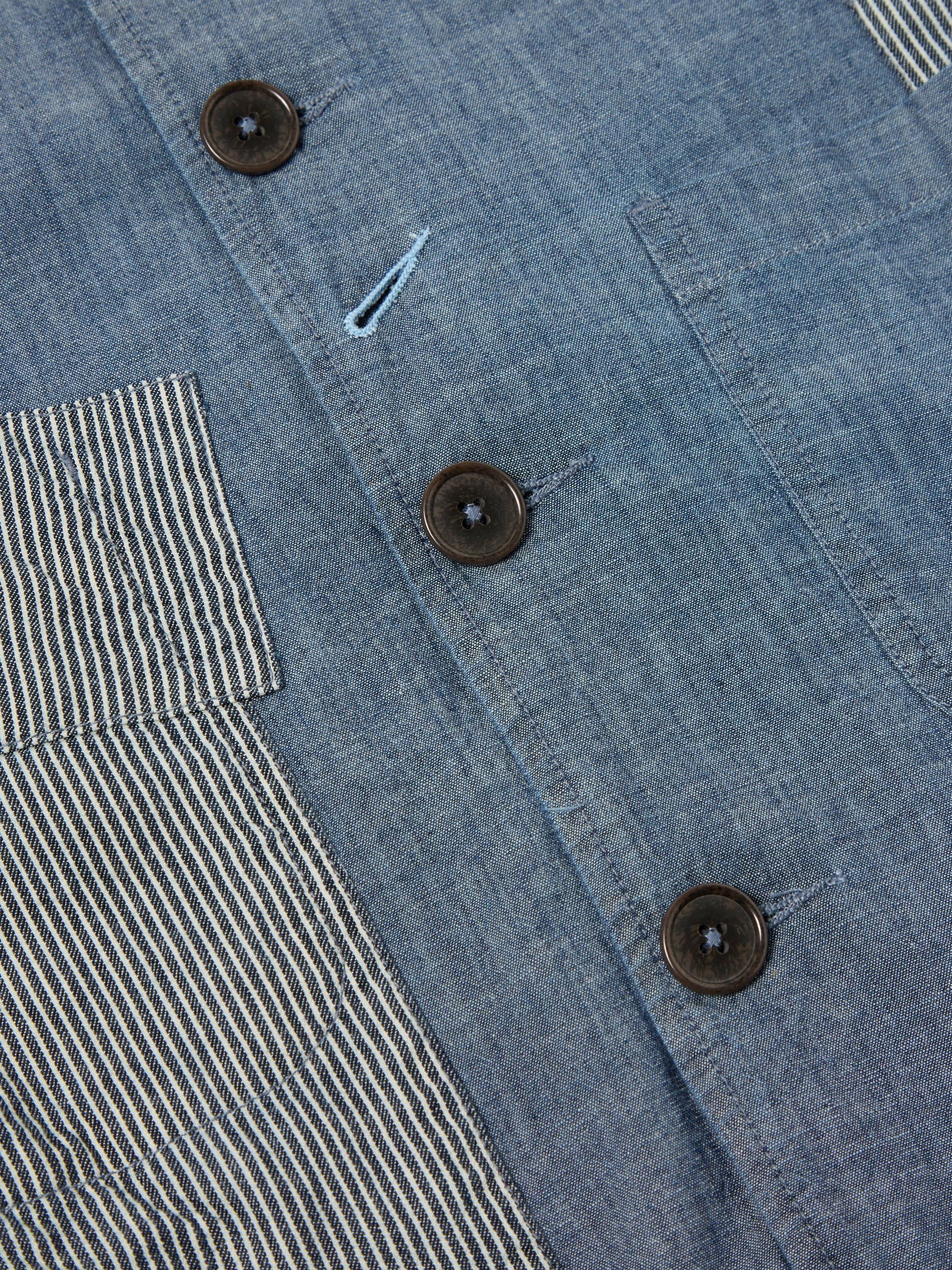 Universal Works Patched Bakers Jacket in Indigo Chambray Hickory