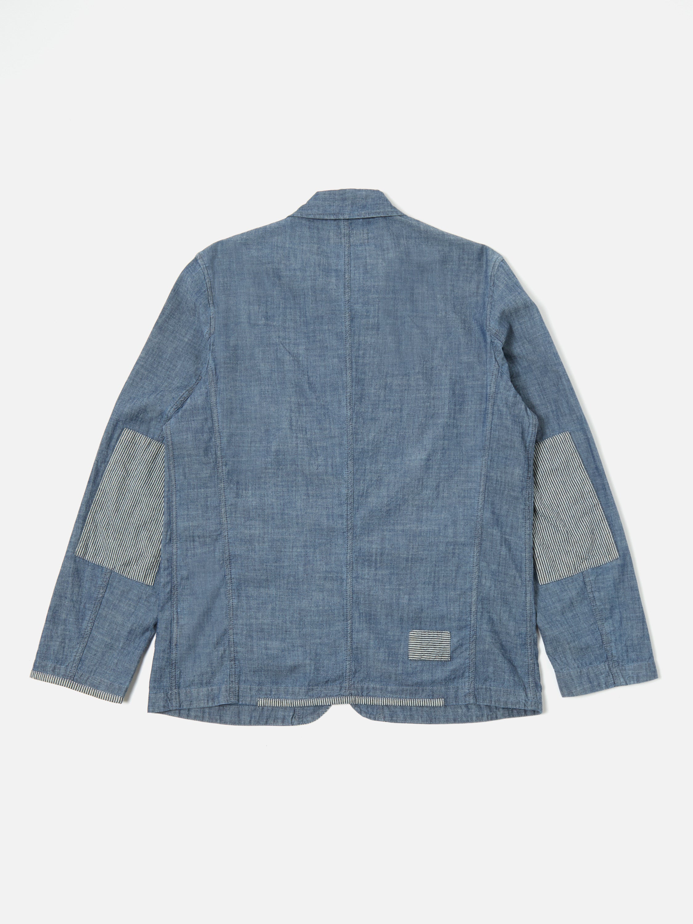 Universal Works Patched Bakers Jacket in Indigo Chambray Hickory