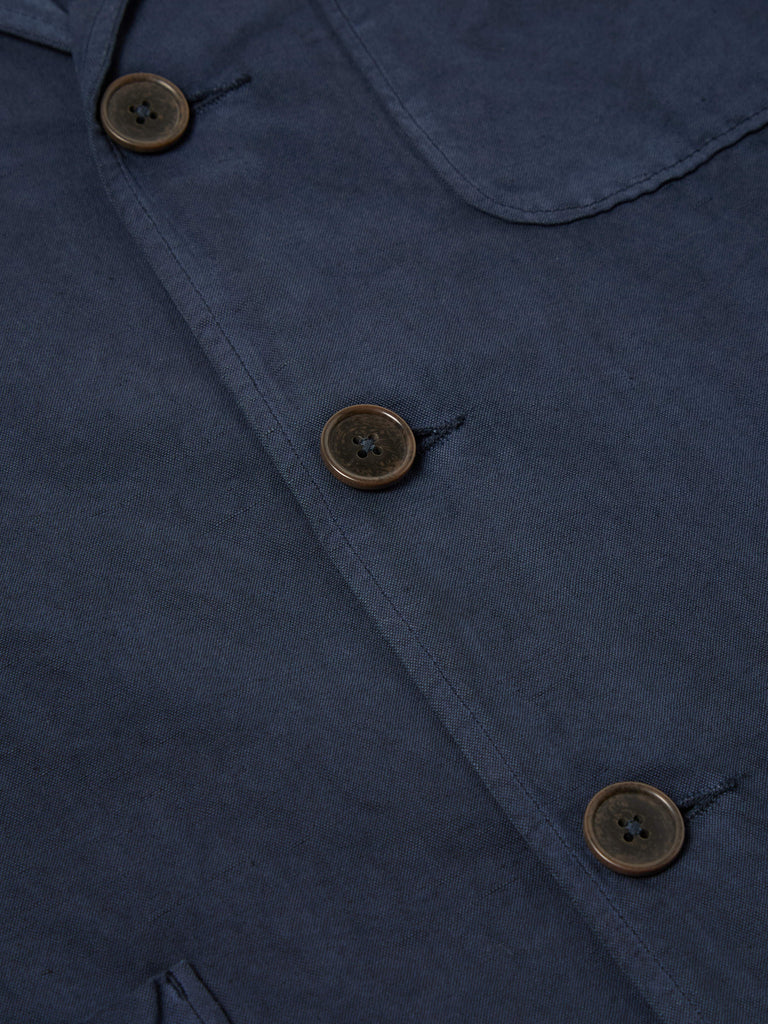 Universal Works Three Button Jacket in Navy Linen Slub Weave