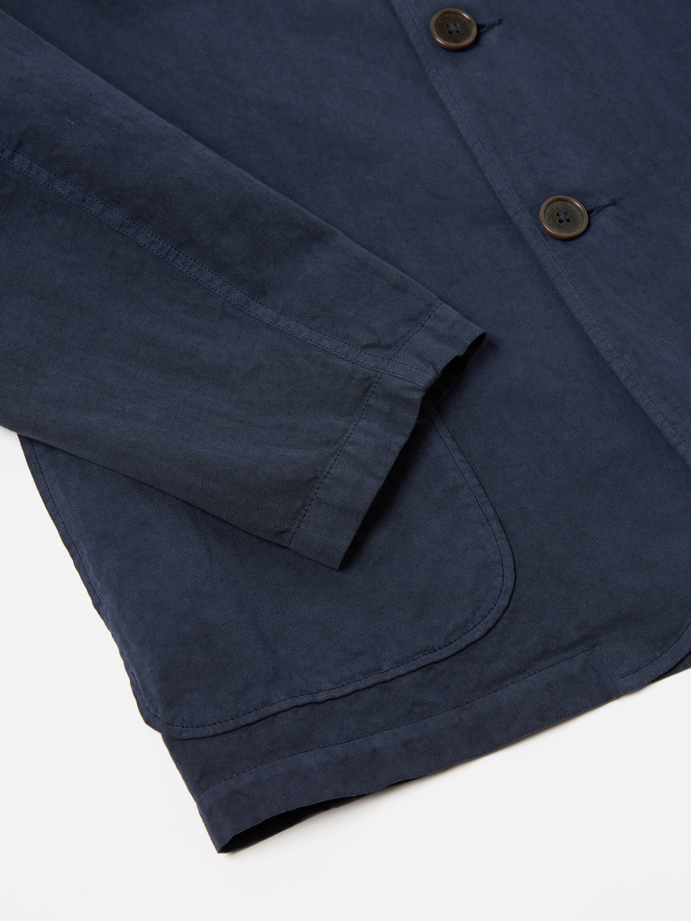 Universal Works Three Button Jacket in Navy Linen Slub Weave