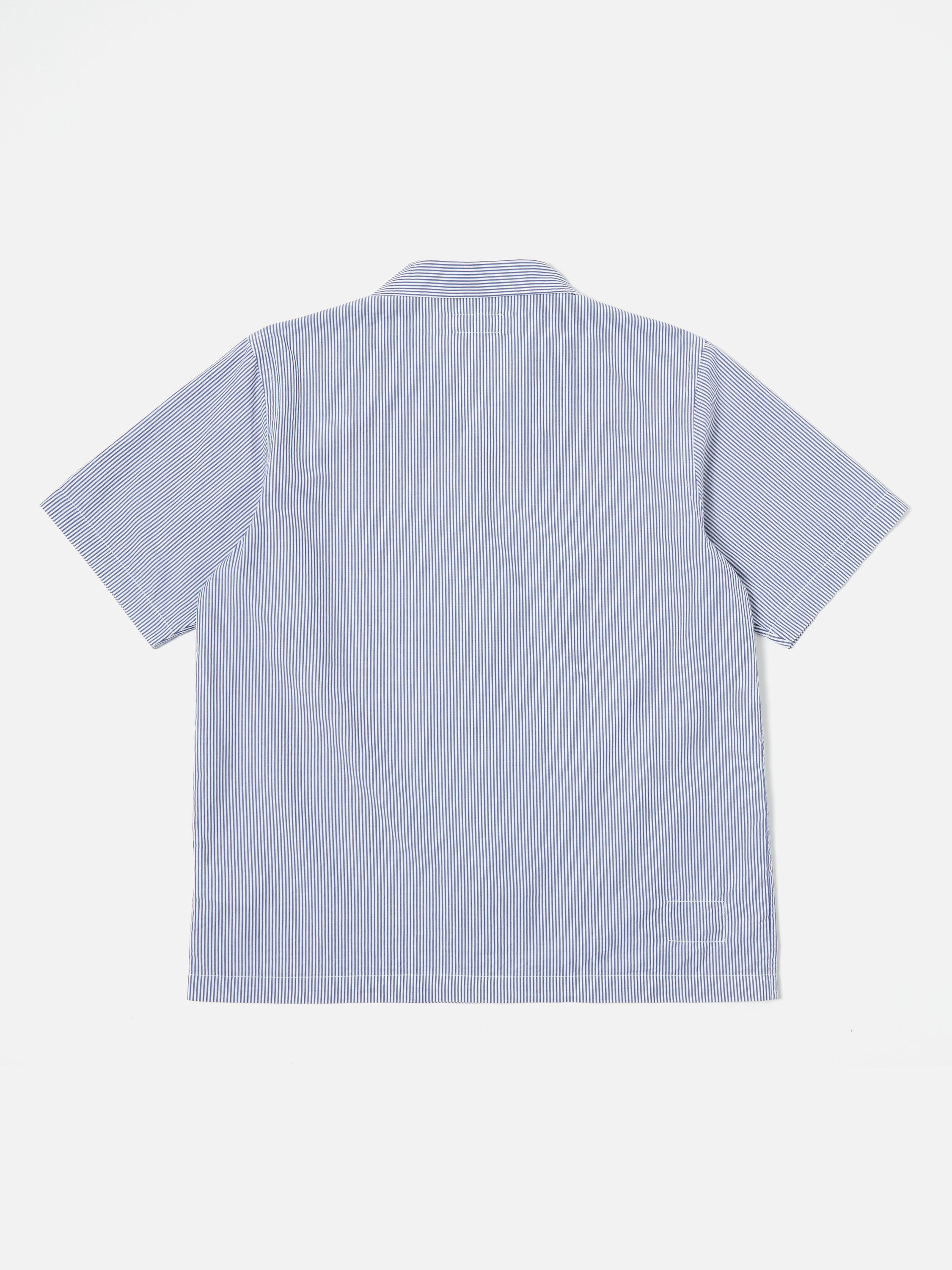 Universal Works Road Shirt in Blue Embroidered Classic Stripe