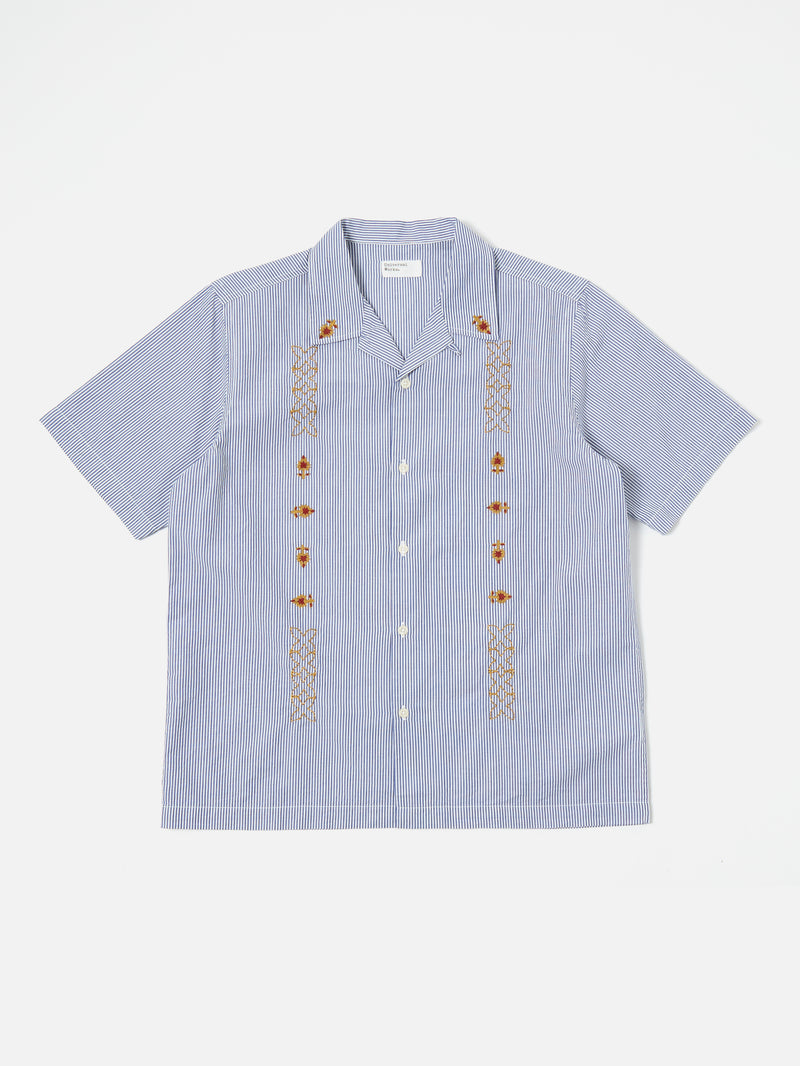 Universal Works Road Shirt in Blue Embroidered Classic Stripe