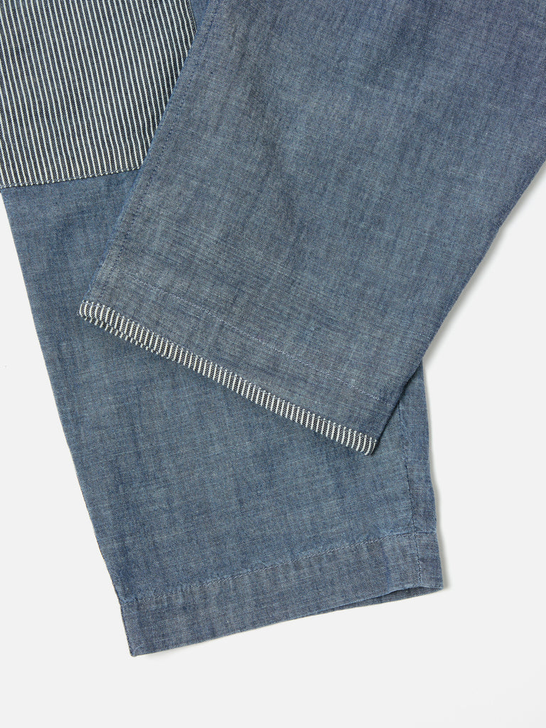 Universal Works Patched Pleated Track Pant in Indigo Chambray Hickory