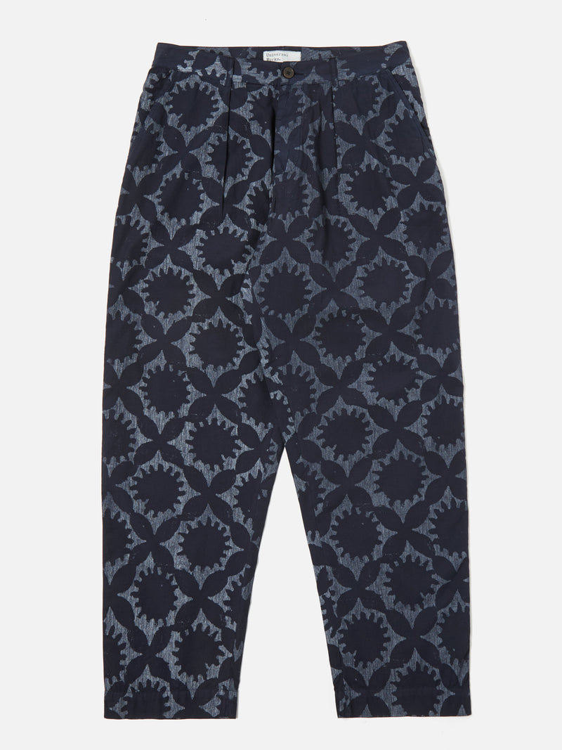 Universal Works Duke Pant in Navy Over Dyed Sun Print