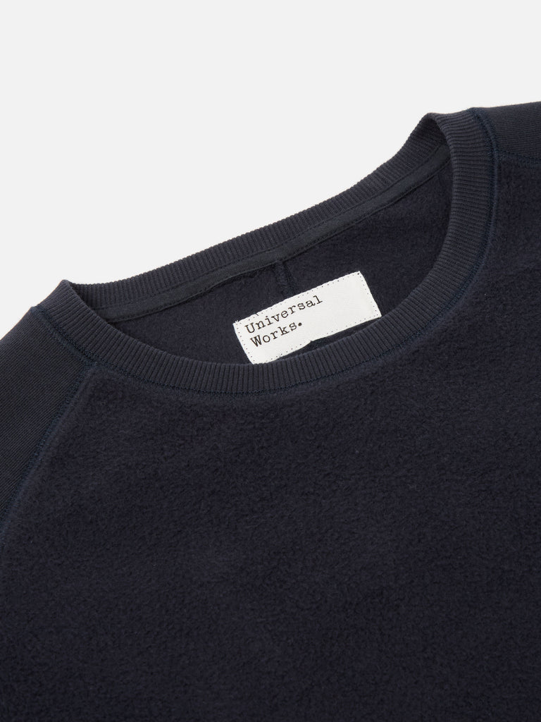 Universal Works Crew Sweat in Navy 'Hotel Deluxe' Embroidered Brush Back