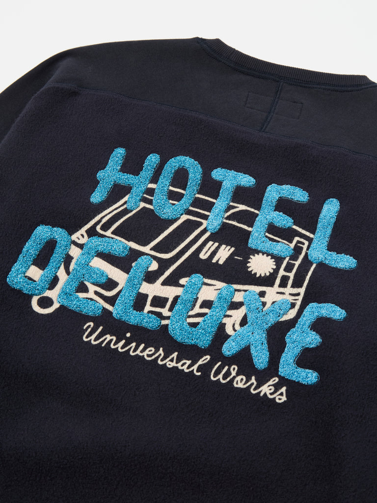 Universal Works Crew Sweat in Navy 'Hotel Deluxe' Embroidered Brush Back
