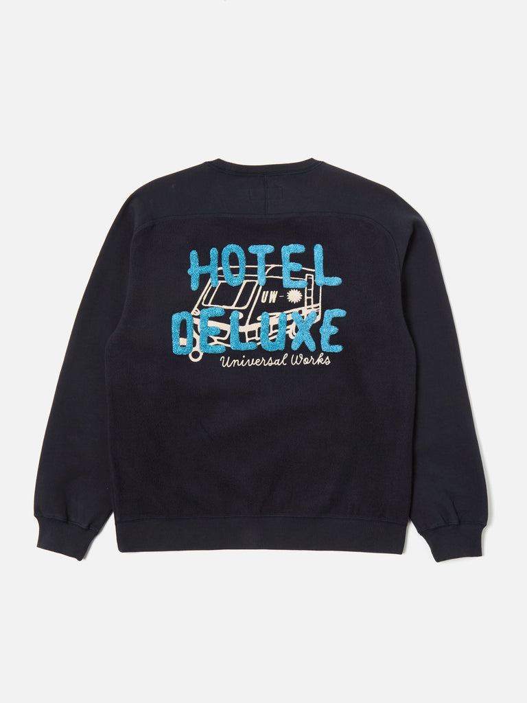 Universal Works Crew Sweat in Navy 'Hotel Deluxe' Embroidered Brush Back