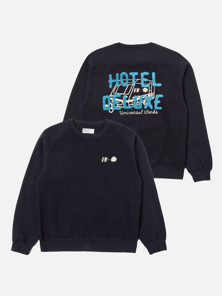 Universal Works Crew Sweat in Navy 'Hotel Deluxe' Embroidered Brush Back