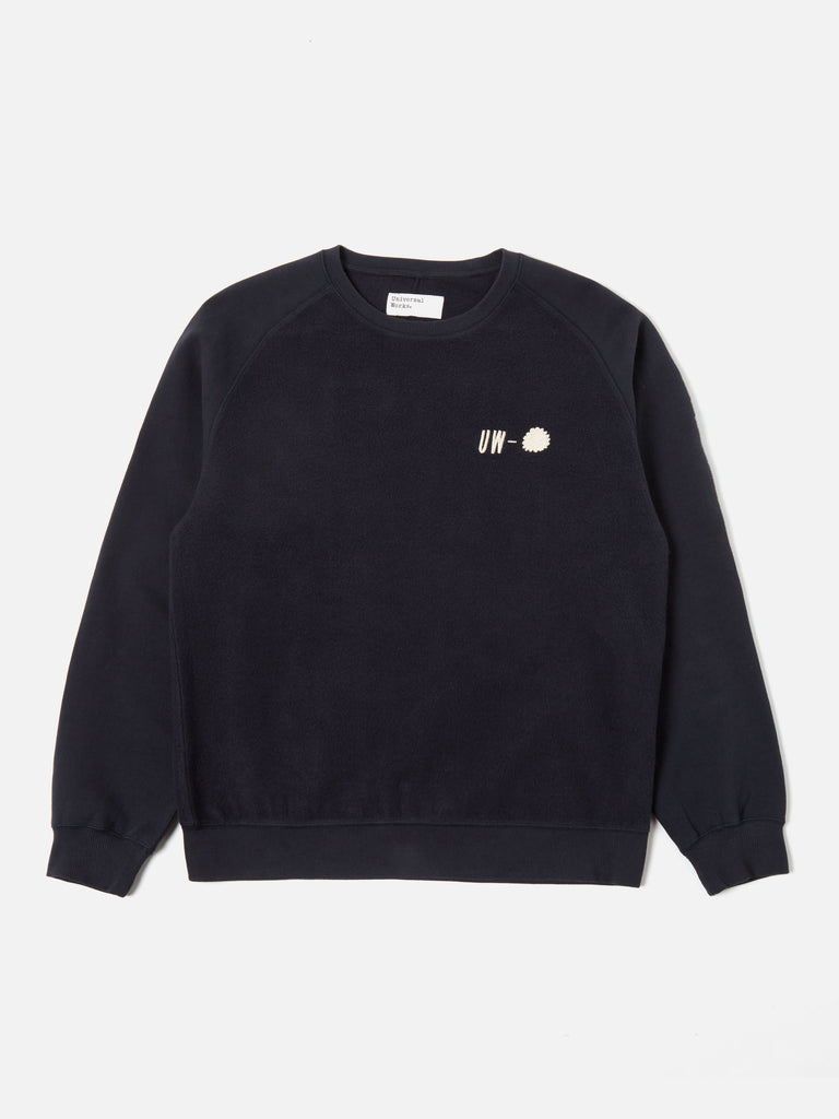 Universal Works Crew Sweat in Navy 'Hotel Deluxe' Embroidered Brush Back