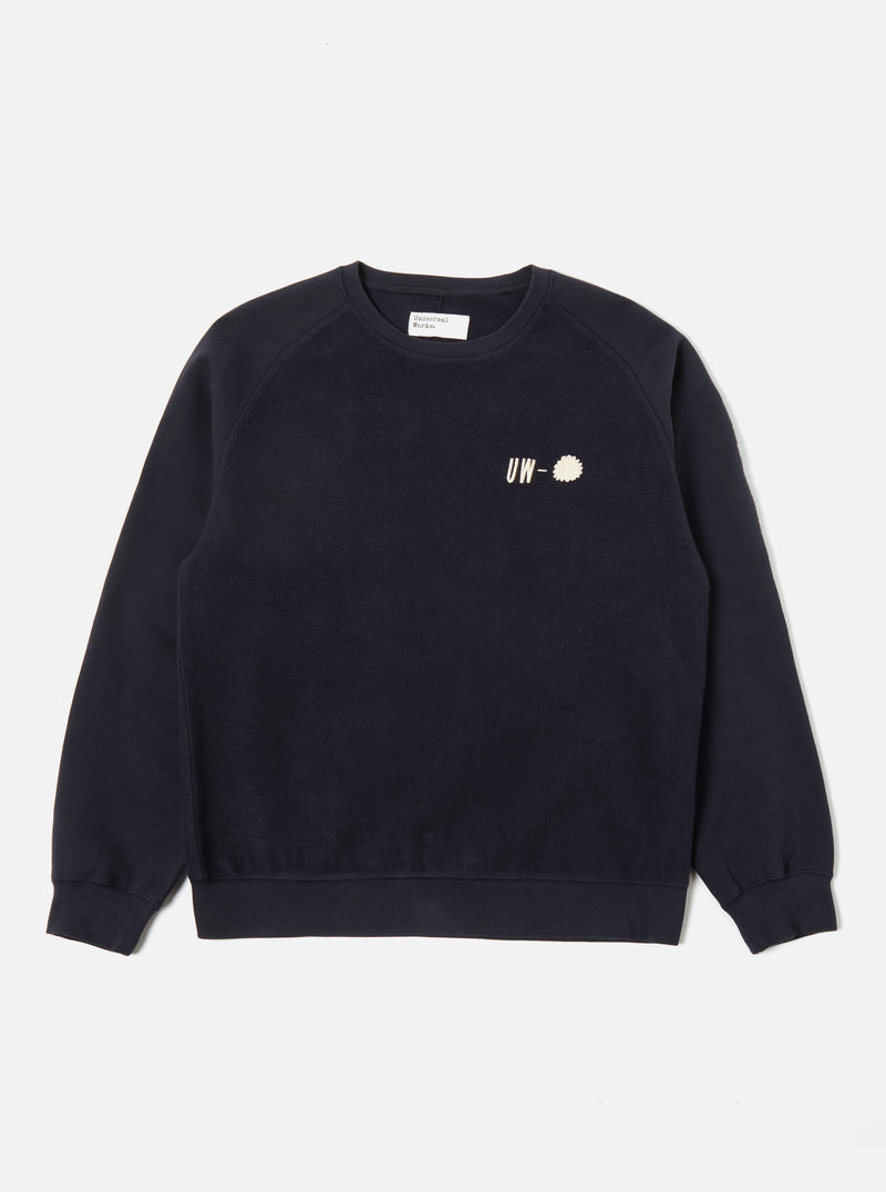 Universal Works Crew Sweat in Navy 'Hotel Deluxe' Embroidered Brush Back