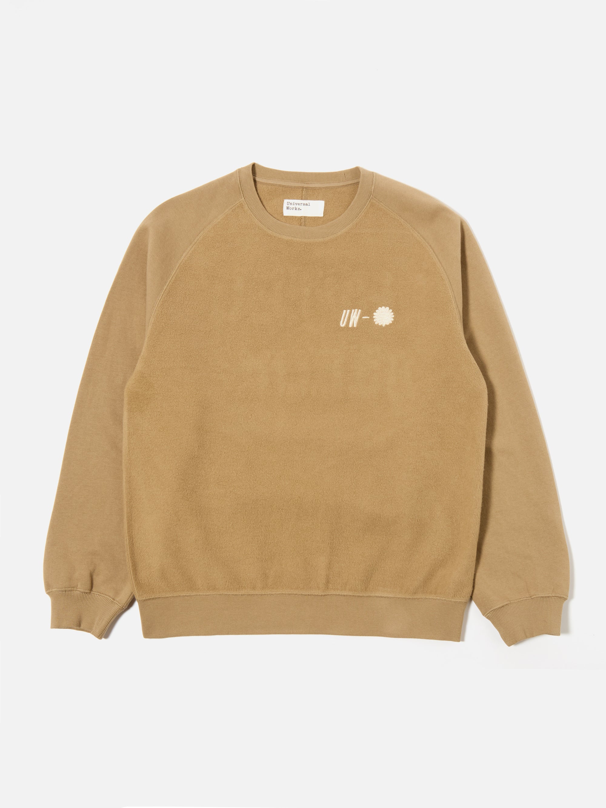 Universal Works Crew Sweat in Sand 'Hotel Deluxe' Embroidered Brush Back