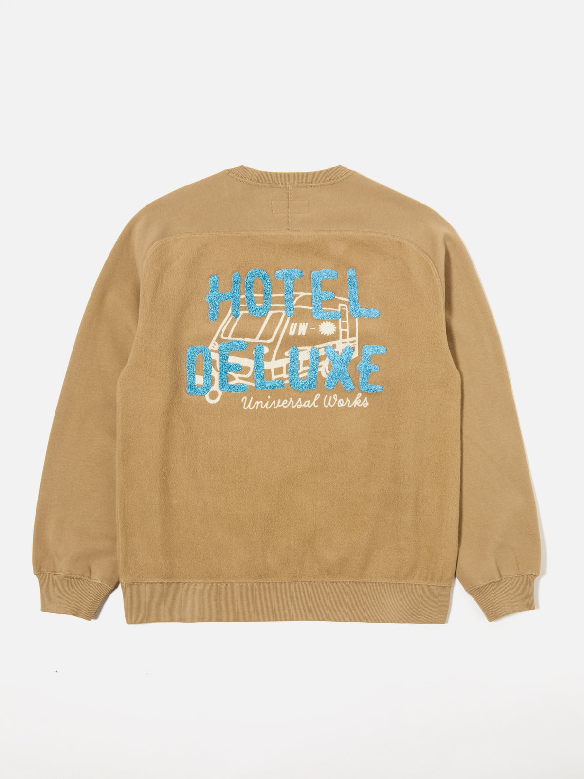 Universal Works Crew Sweat in Sand 'Hotel Deluxe' Embroidered Brush Back