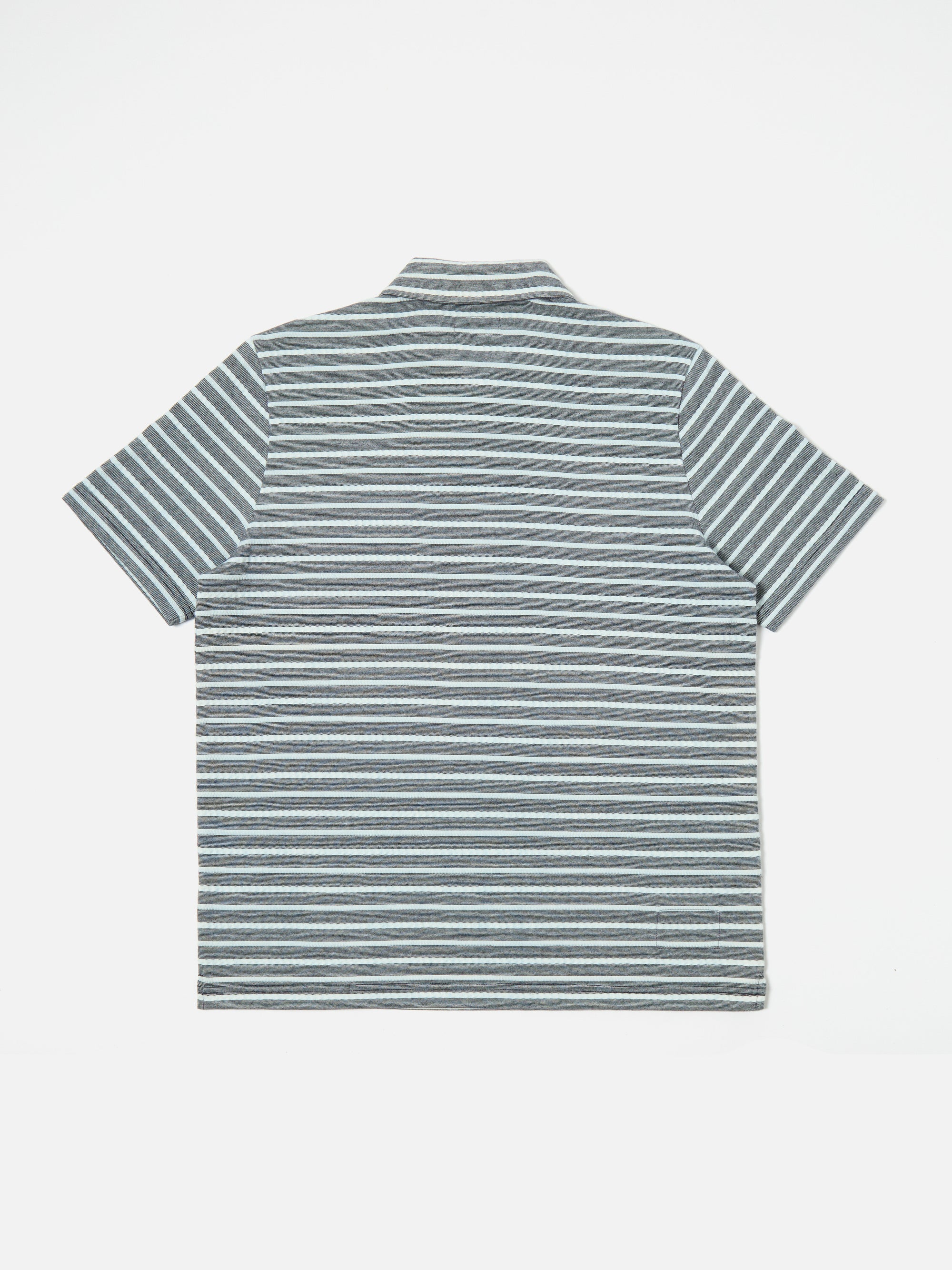 Universal Works Newlyn Polo in Indigo Textured Knit Stripe