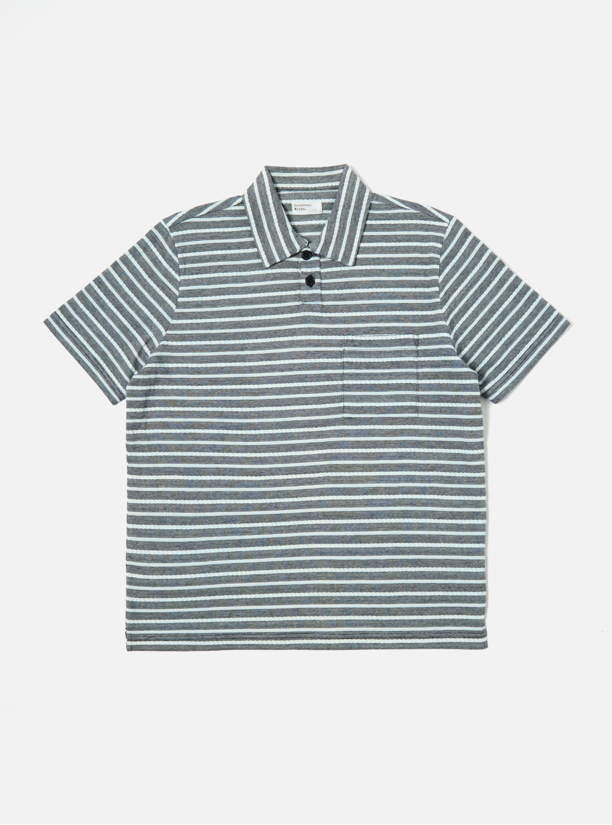 Universal Works Newlyn Polo in Indigo Textured Knit Stripe