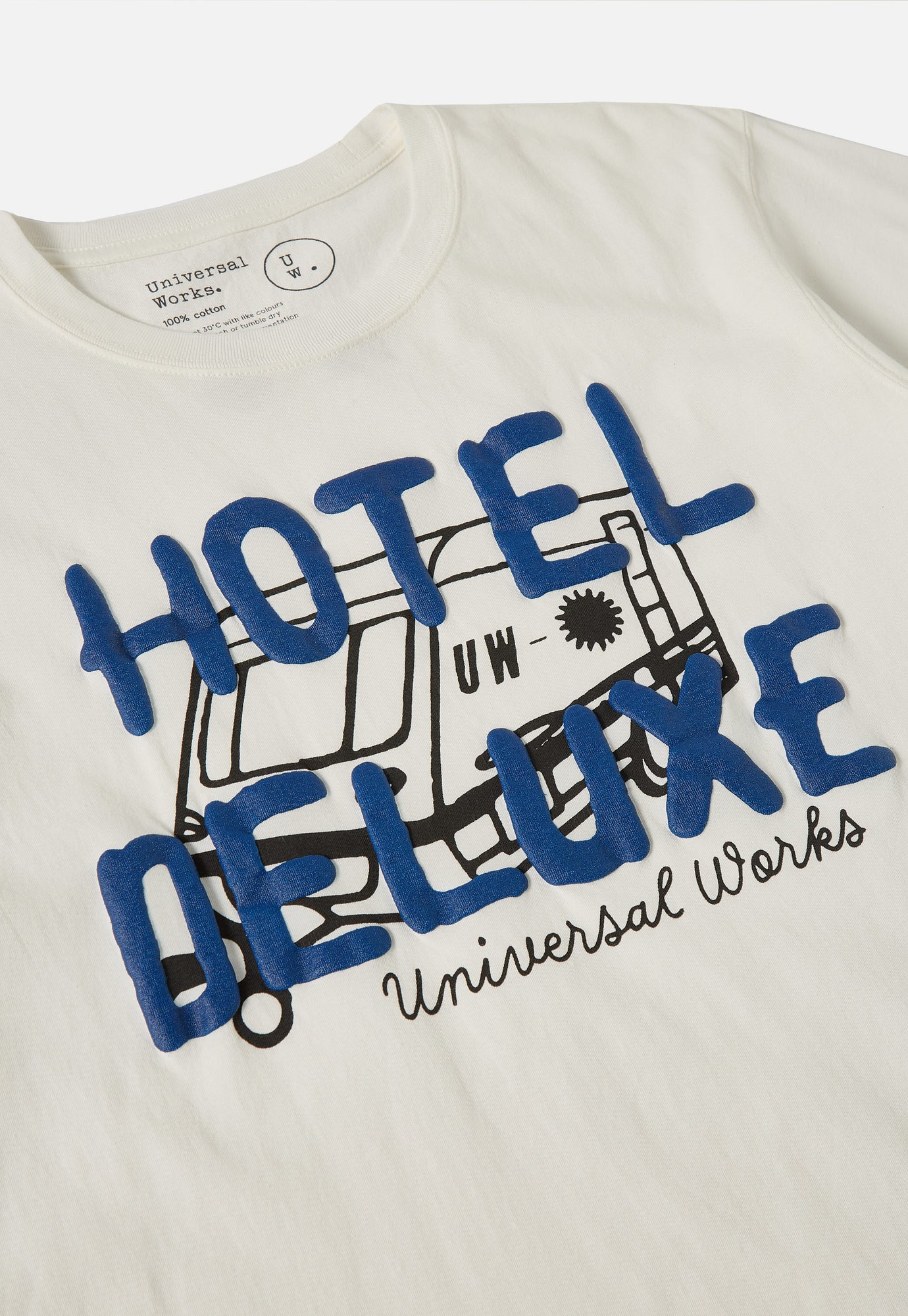 Universal Works Print Tee in Ecru 'Hotel Deluxe' Single Jersey