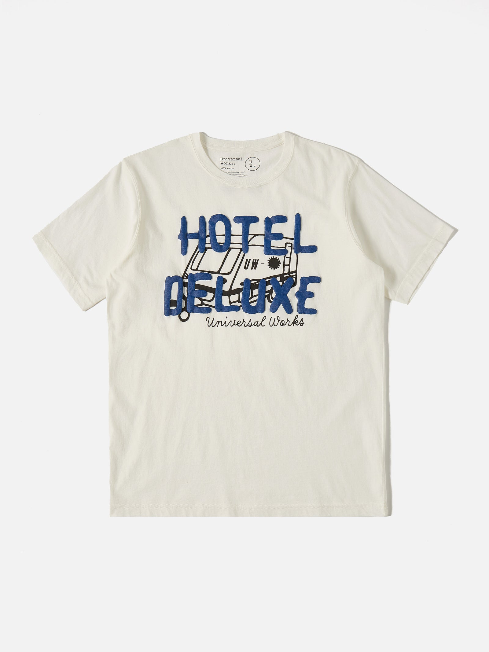 Universal Works Print Tee in Ecru 'Hotel Deluxe' Single Jersey