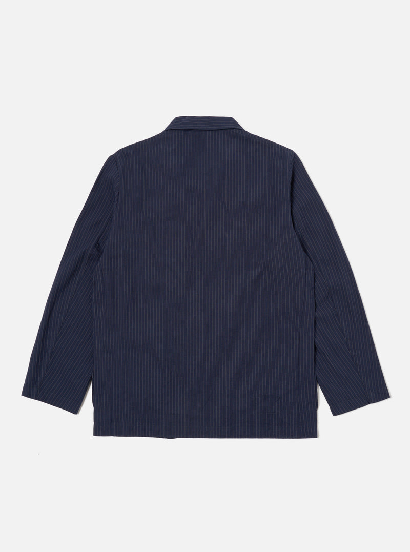 Universal Works Three Button Jacket in Navy Cotton Pinstripe