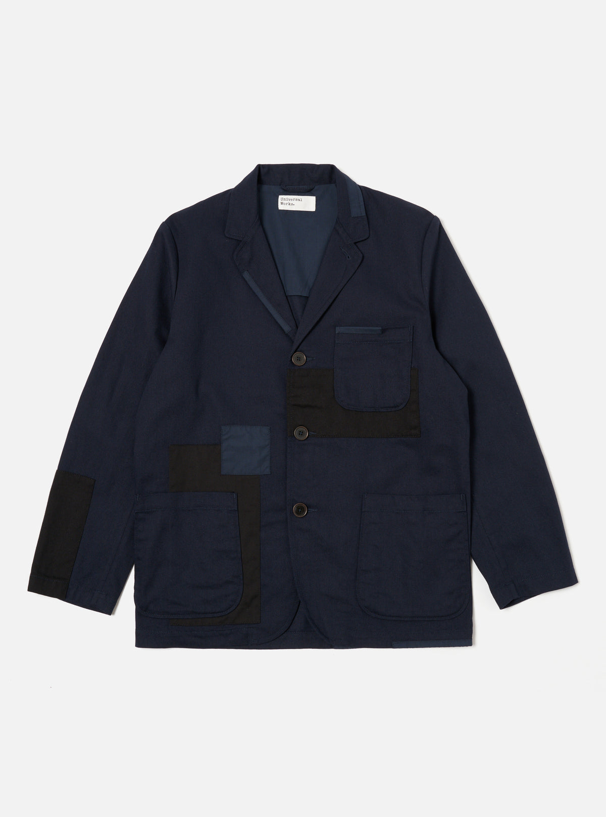 Universal Works Patched Three Button Jacket in Navy Mix Works Twill Mix