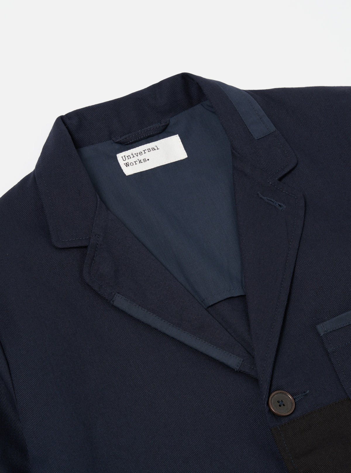 Universal Works Patched Three Button Jacket in Navy Mix Works Twill Mix